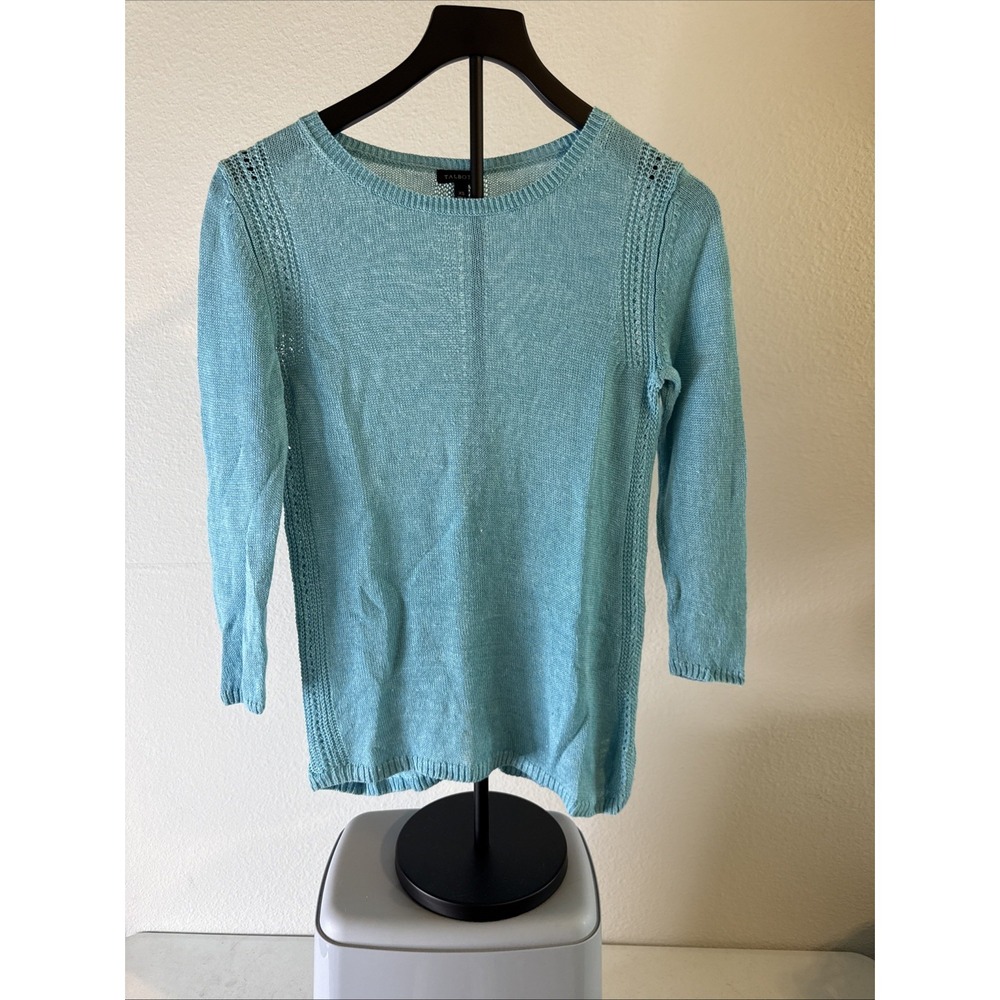 Talbots 100% Linen Blue Knitted Pullover Sweater 3/4 Sleeve Size XS